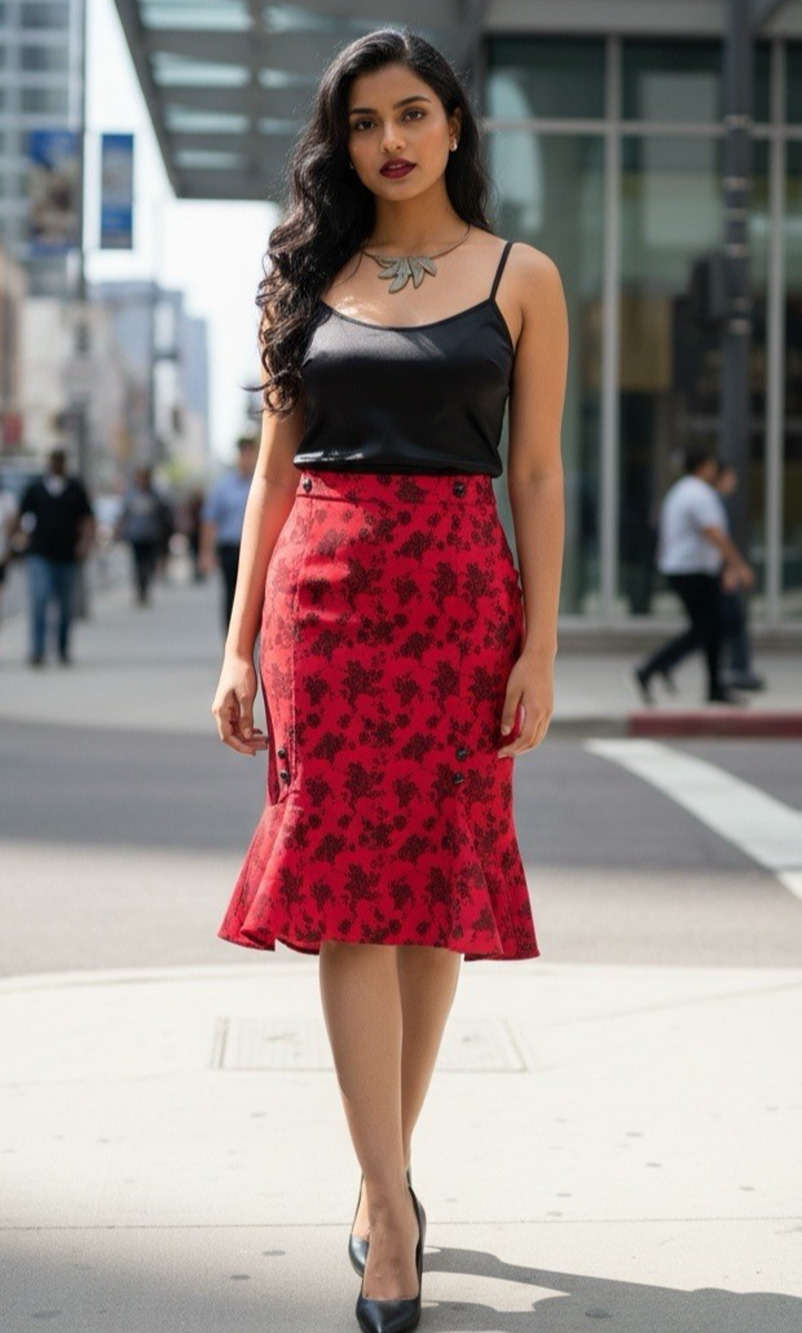 VOODOO VIXEN Retro Red & Black Floral Knee-Length Stretchy Wiggle Skirt, Pinup